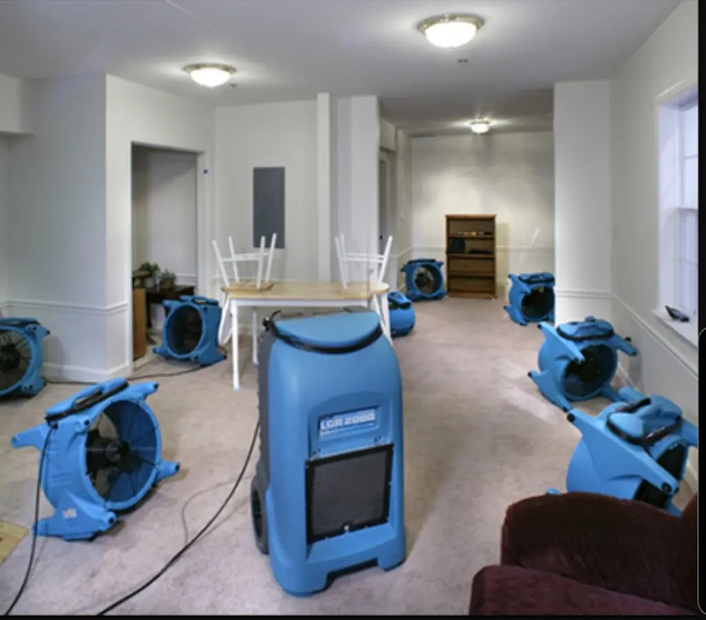 Air movers and dehumidifier setup for Water Damage Restoration in Eldersburg